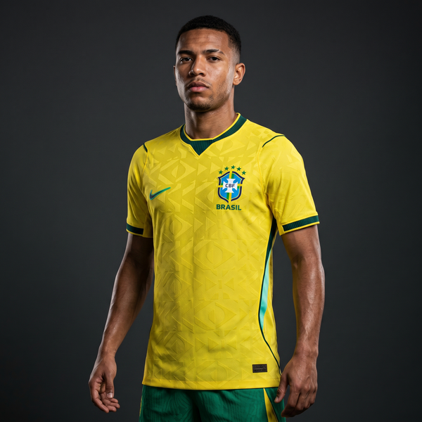 Maillot Brésil domicile Coupe du Monde 2026 porté (studio)