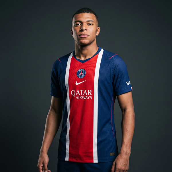 Maillot PSG domicile 2025/26 porté (studio)
