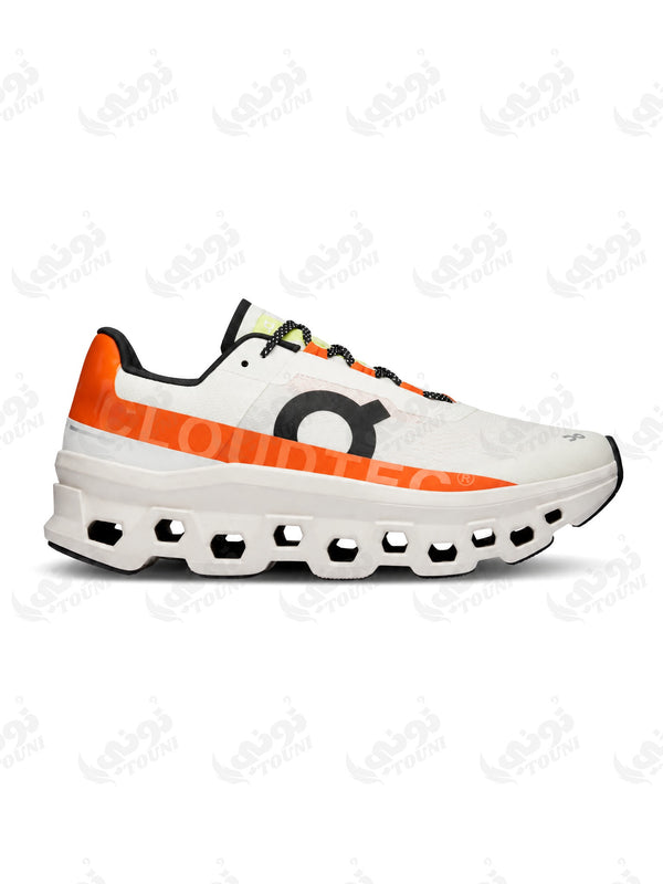On Cloudmonster – Blanc & Orange Flamme - vue de face