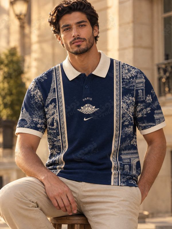 Polo Édition Paris 2026/27 Bleu Marine & Crème Motifs Toile de Jouy - vue portée