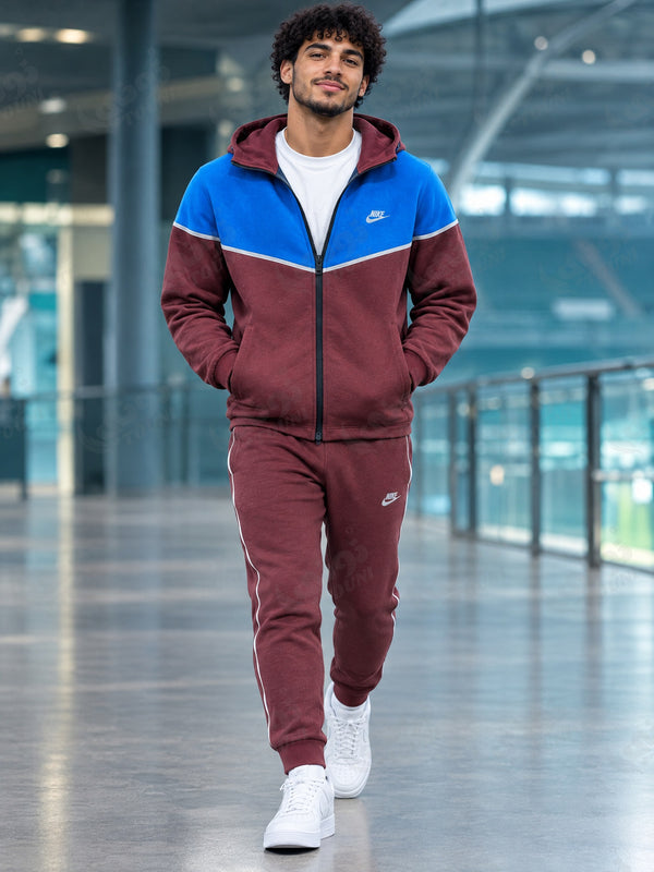 Ensemble Survêtement Polaire Bordeaux & Bleu Roi à Capuche - vue portée