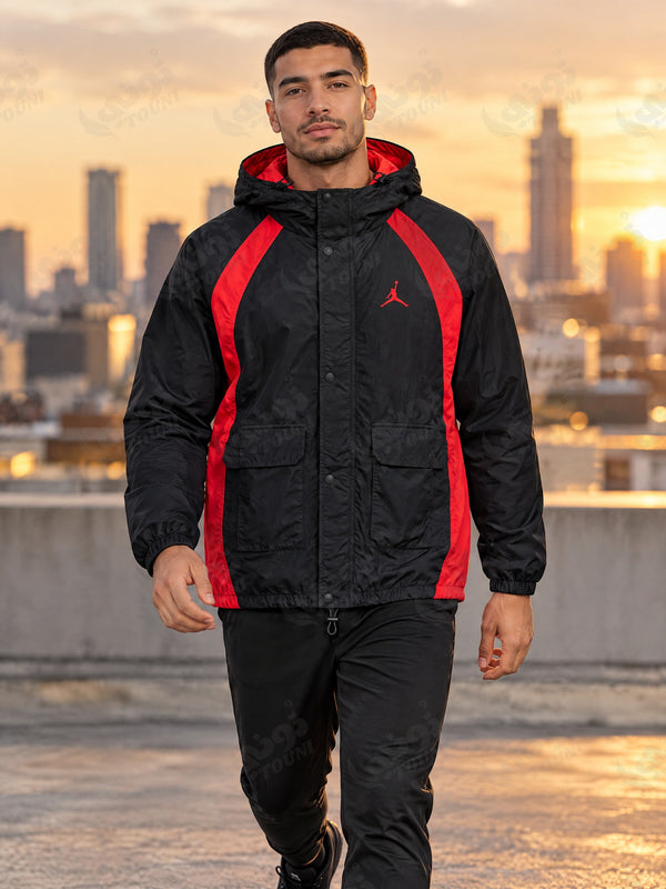Jordan - Veste Coupe-Vent à Capuche Noir & Rouge - vue portée