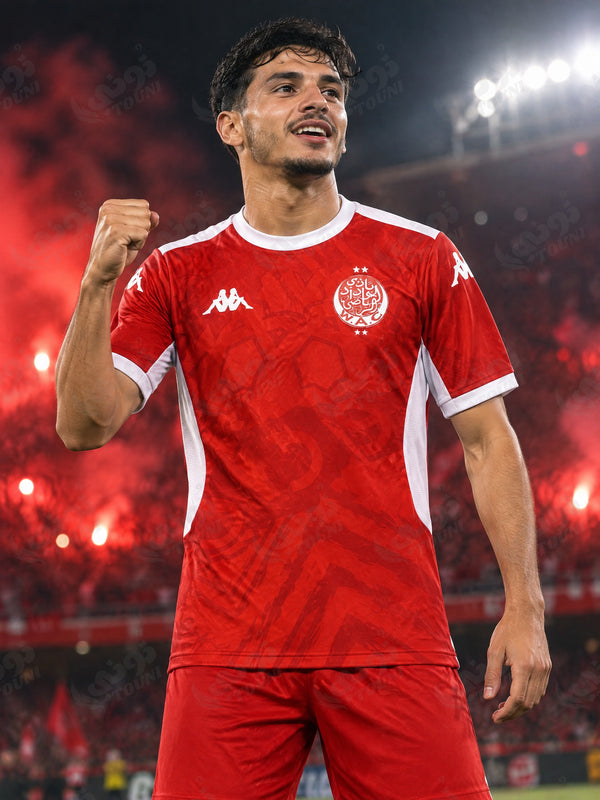 Wydad AC - Maillot Rouge & Blanc Motif Calligraphie 2026/27 - vue portée